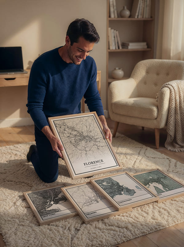 Person arranging framed map prints on a rug in a cozy room