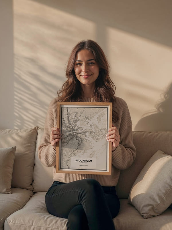 Woman holding a framed map of Stockholm while sitting on a couch