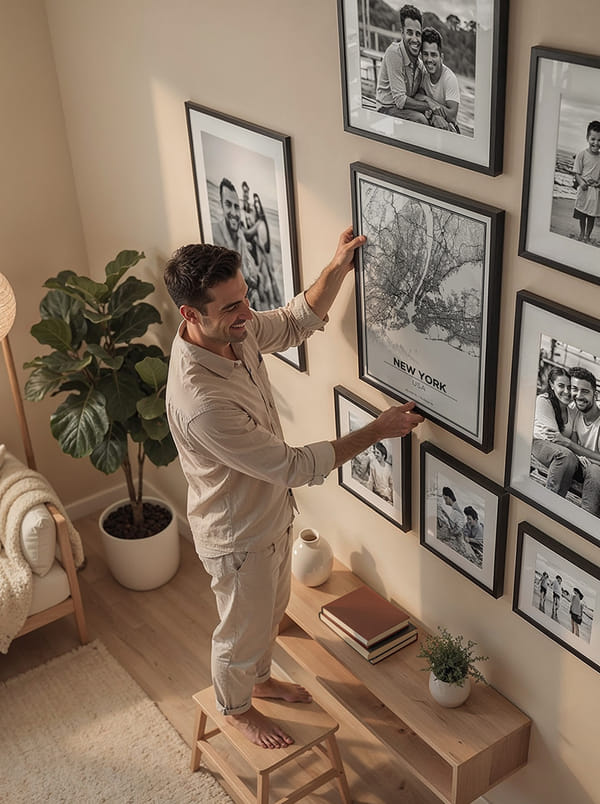 Man hanging framed pictures on a wall in a cozy room