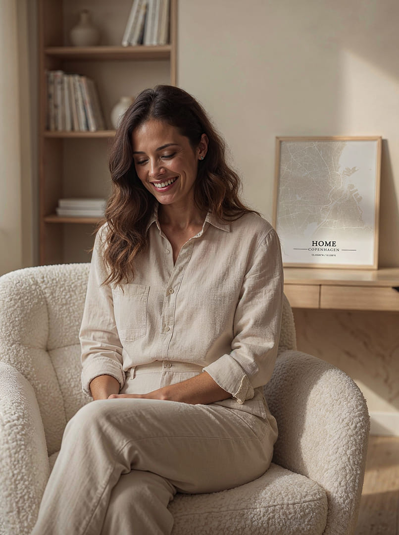 Woman sitting in a cozy chair, smiling, with a map decor behind