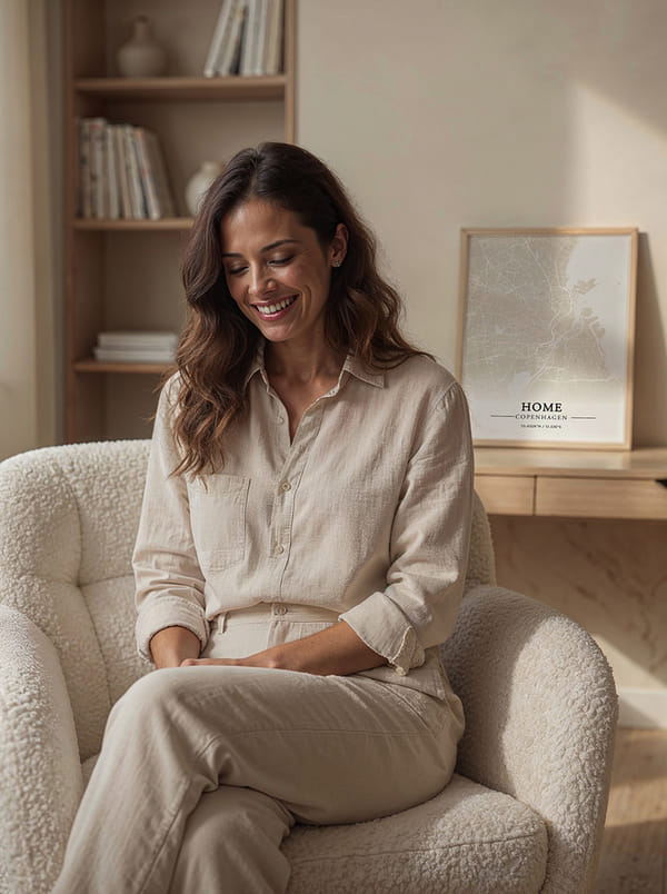 Woman sitting in a cozy chair, smiling, with a map decor behind