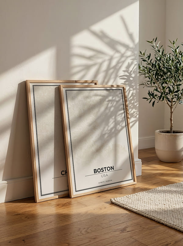 Two framed art prints leaning against a wall with shadows