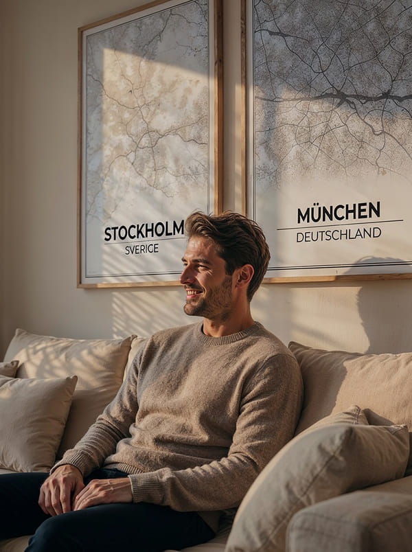 Man sitting on a couch, smiling, with city map posters behind