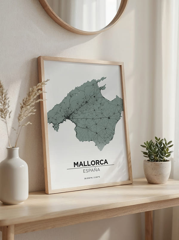 Framed map of Mallorca, Spain, displayed on a wooden shelf