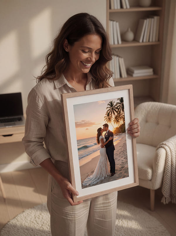 Woman holding a framed photo of a couple on a beach at sunset