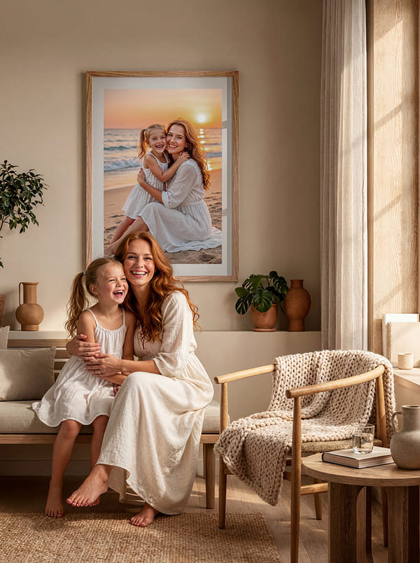 Mother and daughter laughing together in a cozy living room