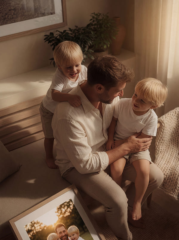 Father sitting with two young boys, sharing a joyful moment