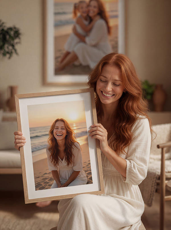 Woman holding a framed photo of herself at the beach