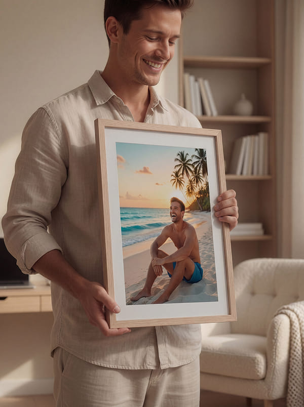 Man holding a framed beach photo, smiling in a cozy room