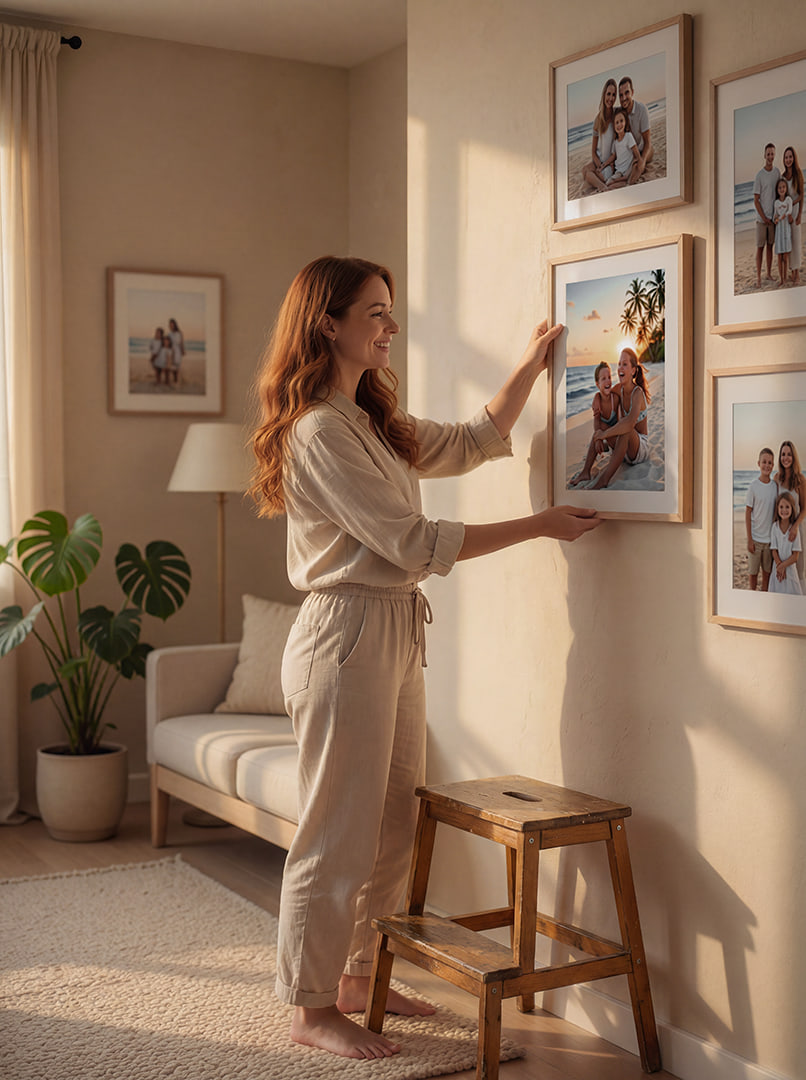 Woman hanging framed photos on a wall in a cozy living room