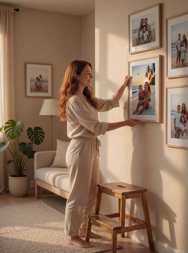 Woman hanging framed photos on a wall in a cozy living room