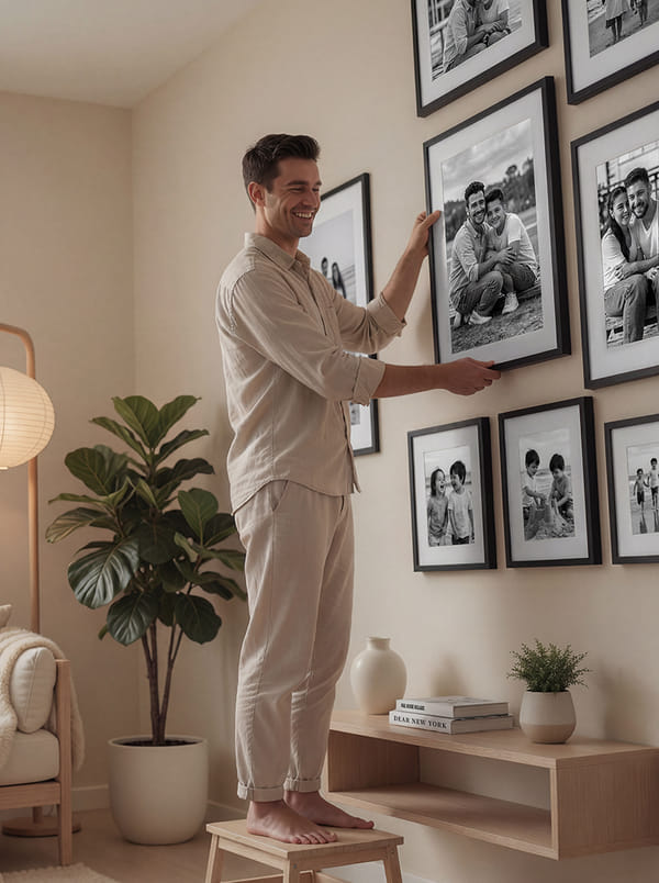 Man hanging framed photos on a wall in a cozy room
