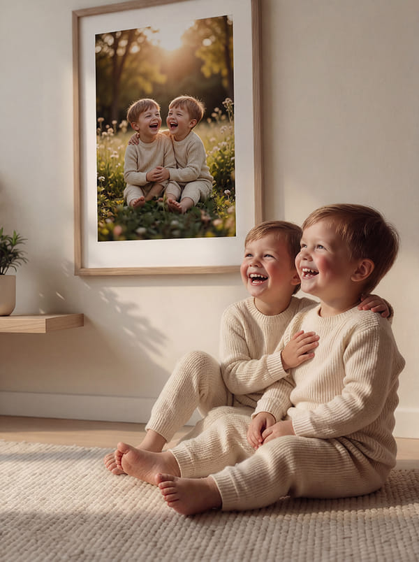 Two smiling boys in matching outfits sitting on a rug, framed photo behind