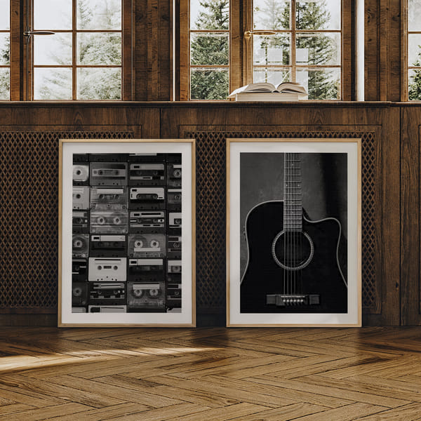 Pared de fotos con dos motivos musicales en blanco y negro en un diseño elegante Perfect Pair Vintage Rhythms poster wall