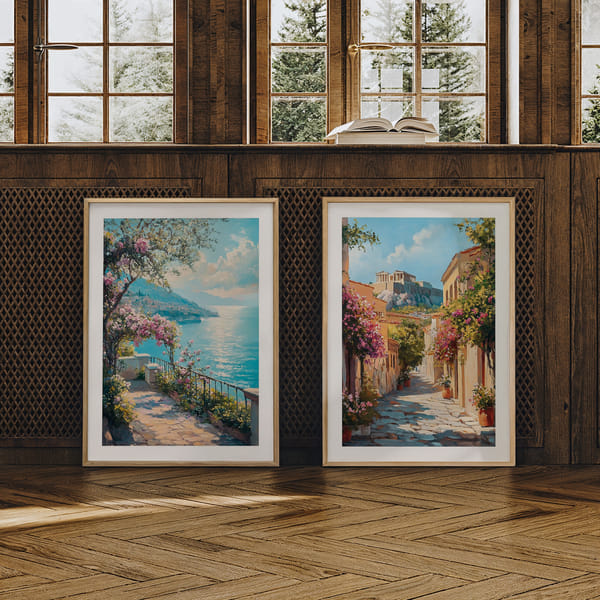 Picture wall with two sunlit motifs of the Mediterranean Sea Perfect Pair Whispers of Paradise poster wall