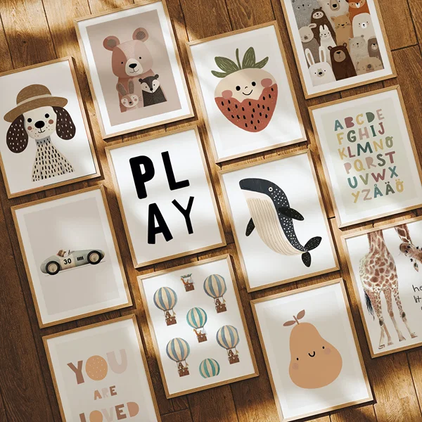Picture wall with twelve playful posters in warm colors Timeless Twelve Playful Harmony poster wall