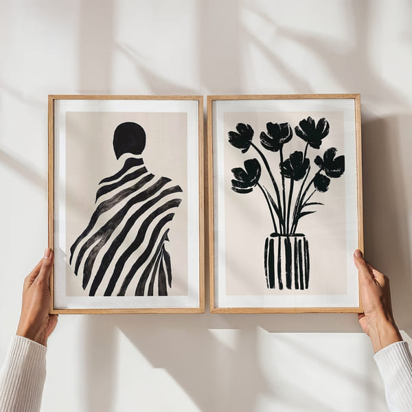 Pared de imágenes con dos carteles en blanco y negro de estilo moderno Perfect Pair Stripes And Blooms poster wall