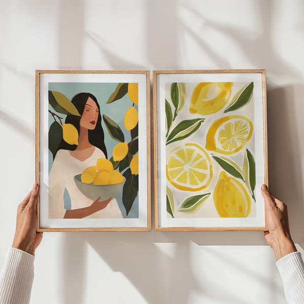 Bildevegg med to fargerike plakater i gult og grønt Perfect Pair Sunny Lemon Harvest poster wall