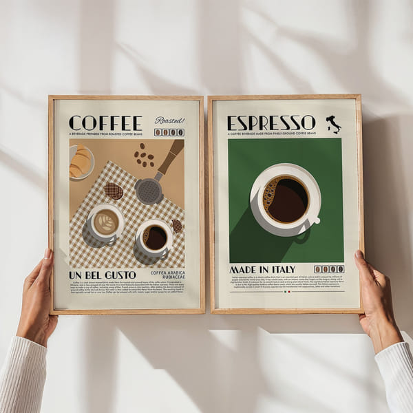 Pared de imágenes con dos elegantes pósteres en verde y marrón. Perfect Pair Coffee Espresso poster wall