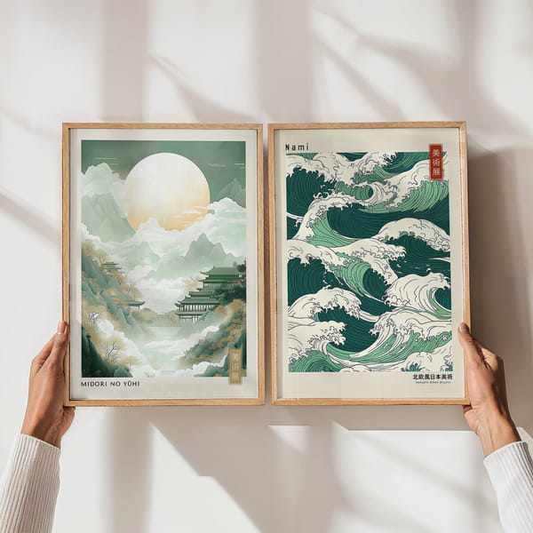 Pared de cuadros con dos motivos naturales de inspiración Japandi Perfect Pair Japandi Mountains And Waves poster wall