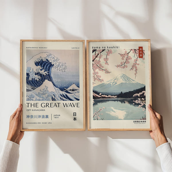 Picture wall with two Japanese motifs in harmonious colors Perfect Pair Japandi The Grate Wave And Fiji poster wall