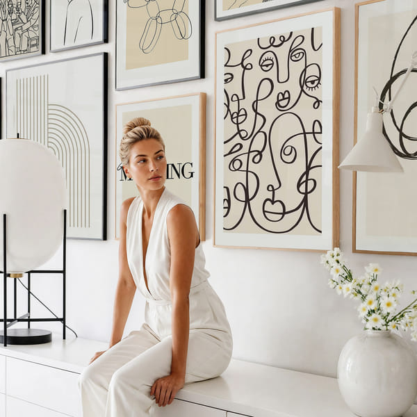 Ściana obrazowa z siedmioma minimalistycznymi motywami liniowymi w kolorze beżowym i czarnym Lucky Seven Line Art poster wall