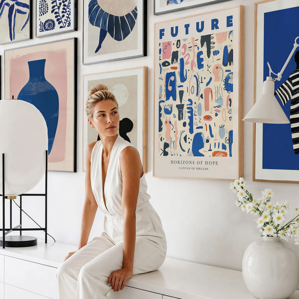 Mural de fotos com sete pôsteres em tons de azul e preto Lucky Seven Sapphire Touch poster wall