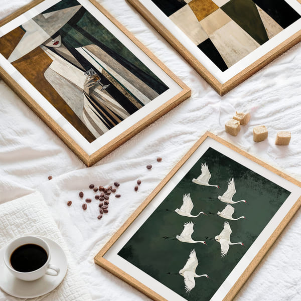 Himmelvæg med dæmpede farver i Japandi Triple View Japandi In Motion poster wall