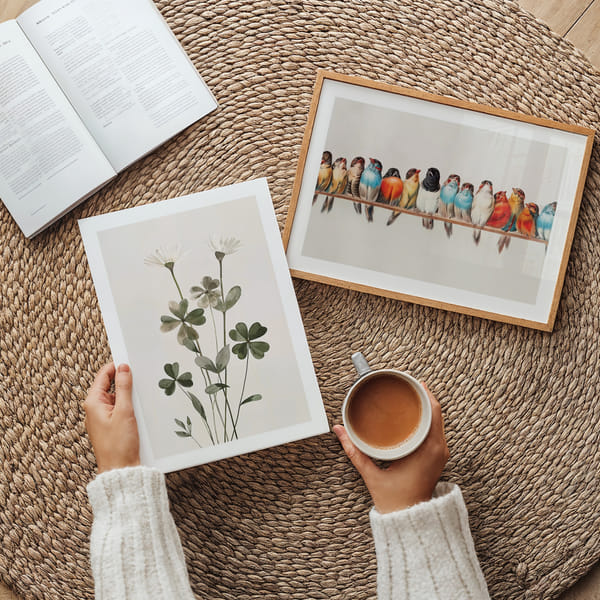 Billedvæg med to botaniske motiver og farverige fugle Perfect Pair Blooms And Birds poster wall