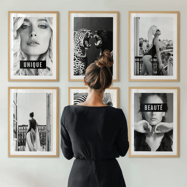 Picture wall with six black and white posters in an elegant style Sixfold Monochrome Tales poster wall
