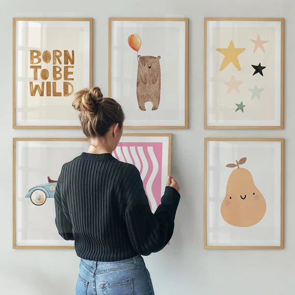 Picture wall with six playful posters in soft colors Hexa Line Welcome To The World poster wall