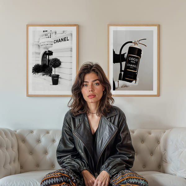 Ściana obrazowa z dwoma czarno-białymi motywami w minimalistycznym stylu Perfect Pair Monochrome Coco Chanel poster wall