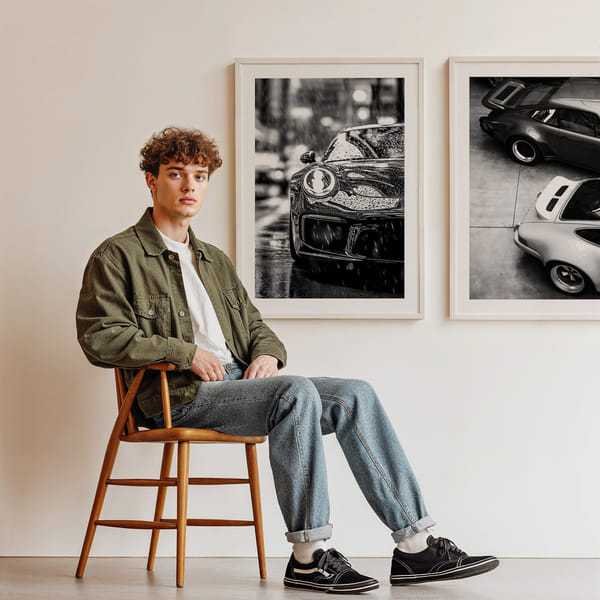 Pared de imágenes con dos carteles en blanco y negro de coches Porsche Perfect Pair Porsche Elegance poster wall