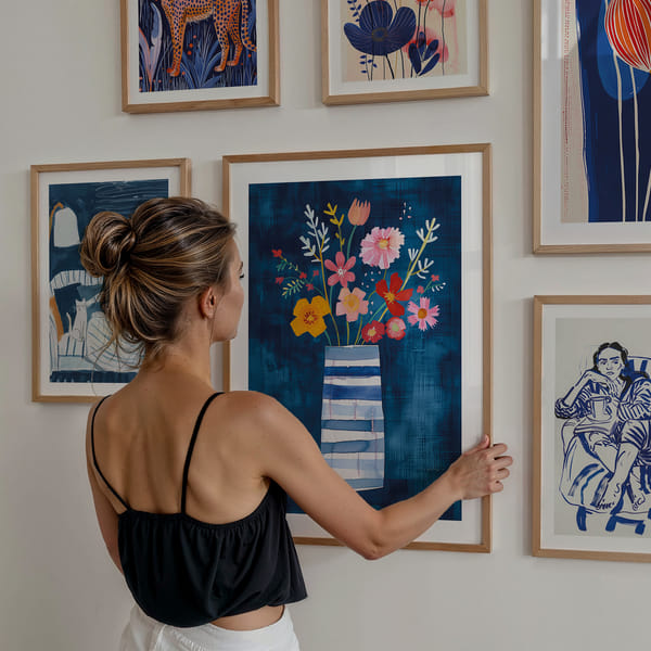 Obrazová stena so šiestimi plagátmi v tlmených modrých tónoch Mix Of Six Midnight Serenade poster wall