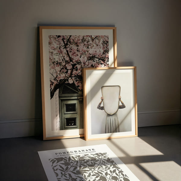 Pared de cuadros con tres elegantes motivos florales en colores armoniosos. Third Act Blossom Reflections poster wall