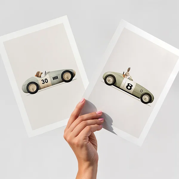 Picture wall with two stylized race car motifs in muted colors Perfect Pair Racing Through Dreams poster wall