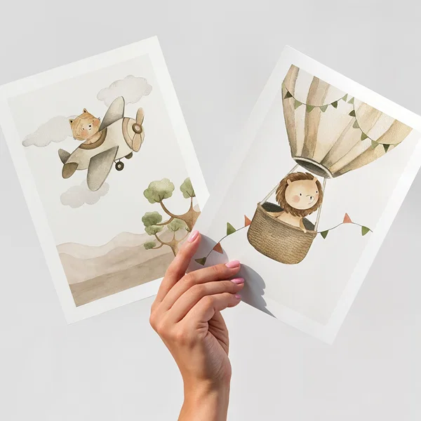 Picture wall with two playful motifs in earthy colors Perfect Pair Flight of Fantasy poster wall