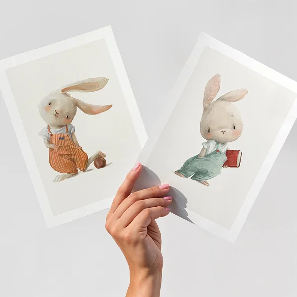 Picture wall with two playful motifs in soft colors Perfect Pair Bunny Tales poster wall