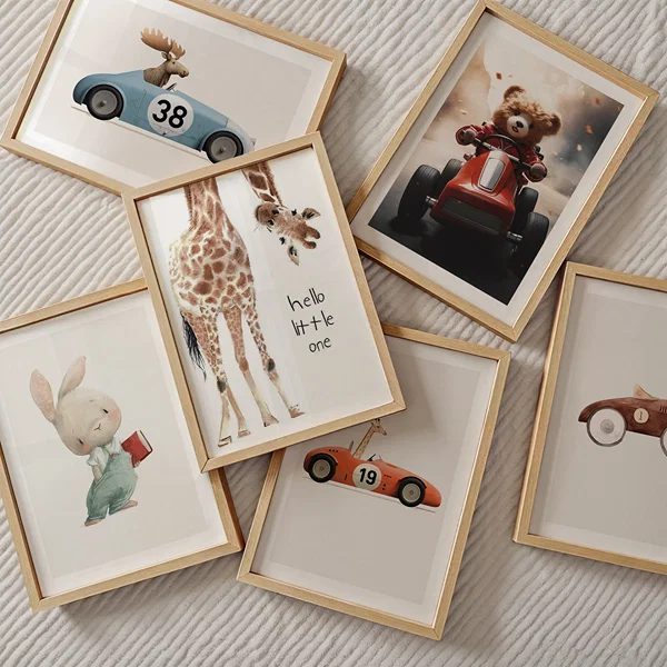 Picture wall with six playful animal motifs in warm tones Vibeful six Joyful Journeys poster wall