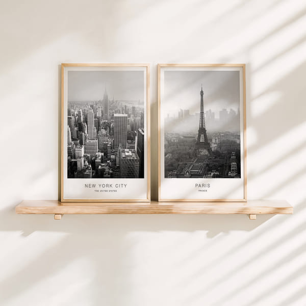Tavelvägg med två stadssilhuetter i elegant stil Perfect Pair Skyline Stories poster wall