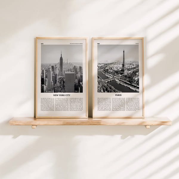 Parede com fotos de duas paisagens urbanas em preto e branco em destaque. Perfect Pair Cities In Focus poster wall