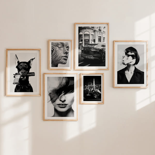 Billedvæg med seks sort-hvide abstrakte motiver i balance Classic Six Veil Of Shadows poster wall