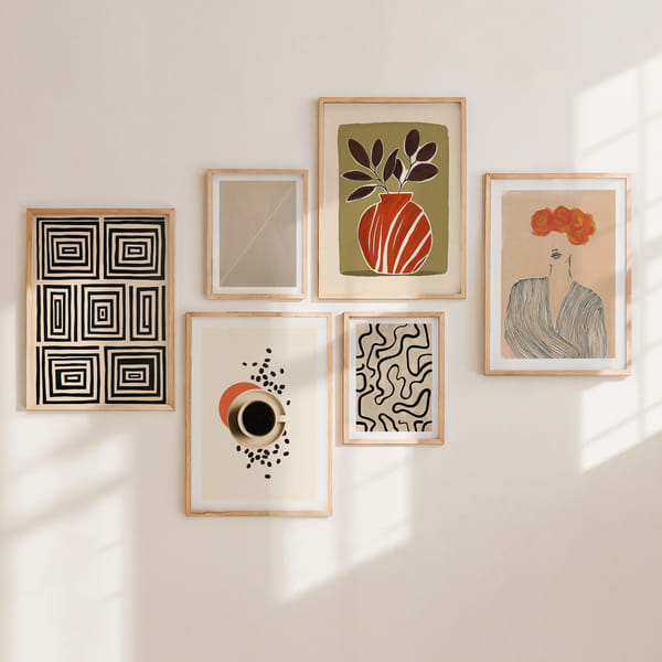 Pared de imágenes con seis motivos abstractos y figurativos en colores cálidos Classic Six Harmony In Form poster wall