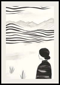 A woman looks out over abstract landscape in black and white-2