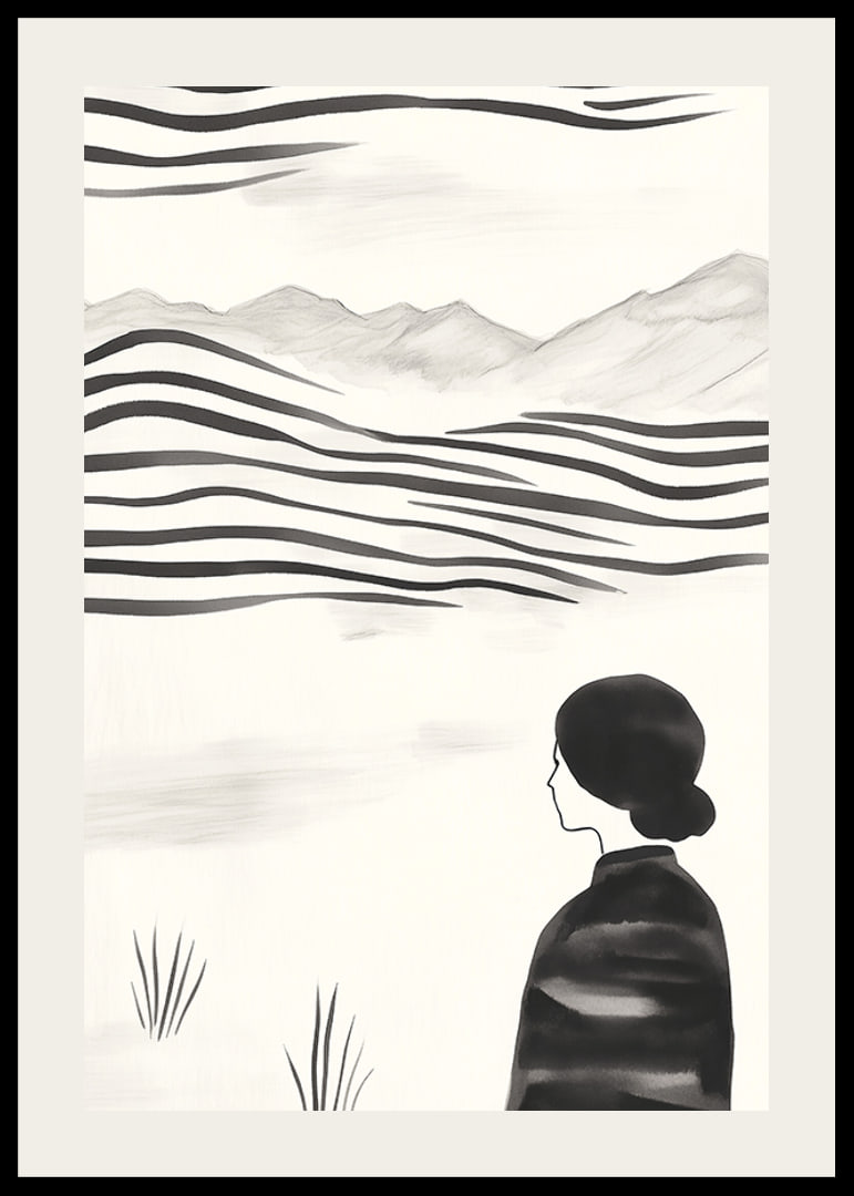 A woman looks out over abstract landscape in black and white-12
