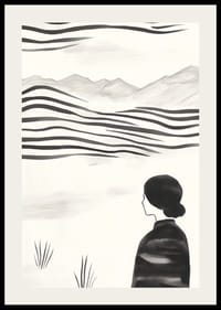 O femeie priveste peisajul abstract alb-negru-2