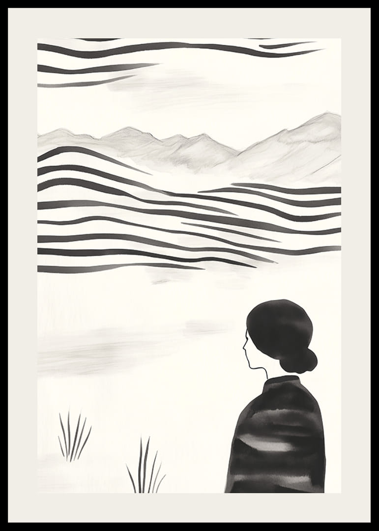 O femeie priveste peisajul abstract alb-negru-12