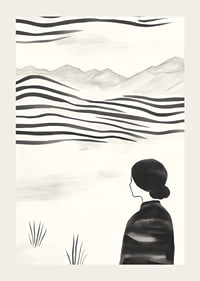 A woman looks out over abstract landscape in black and white-3