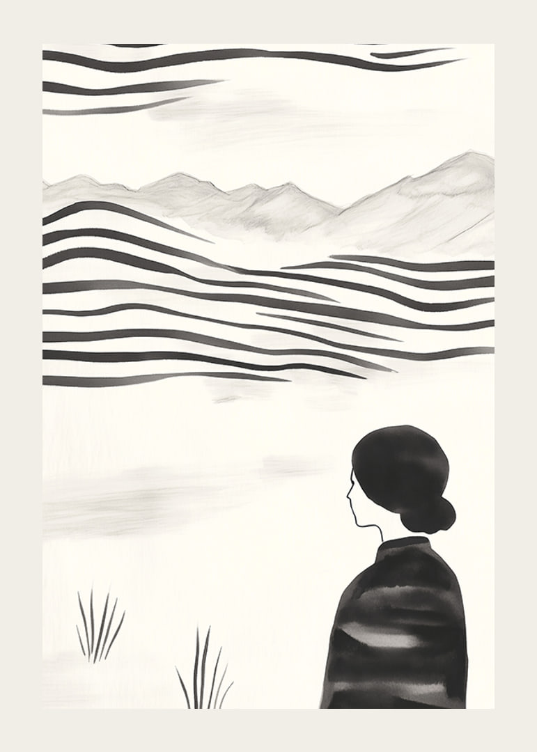A woman looks out over abstract landscape in black and white-12