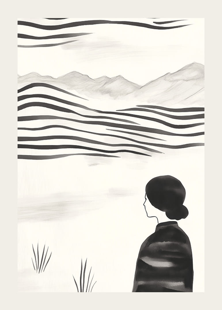 O femeie priveste peisajul abstract alb-negru-12